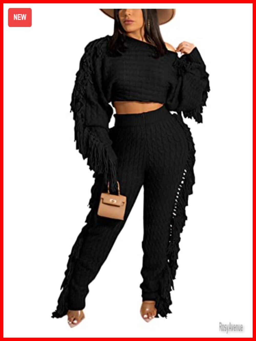 Cable Knit Fringe Crop Top & Pants Sweater Set Knitted Polyester